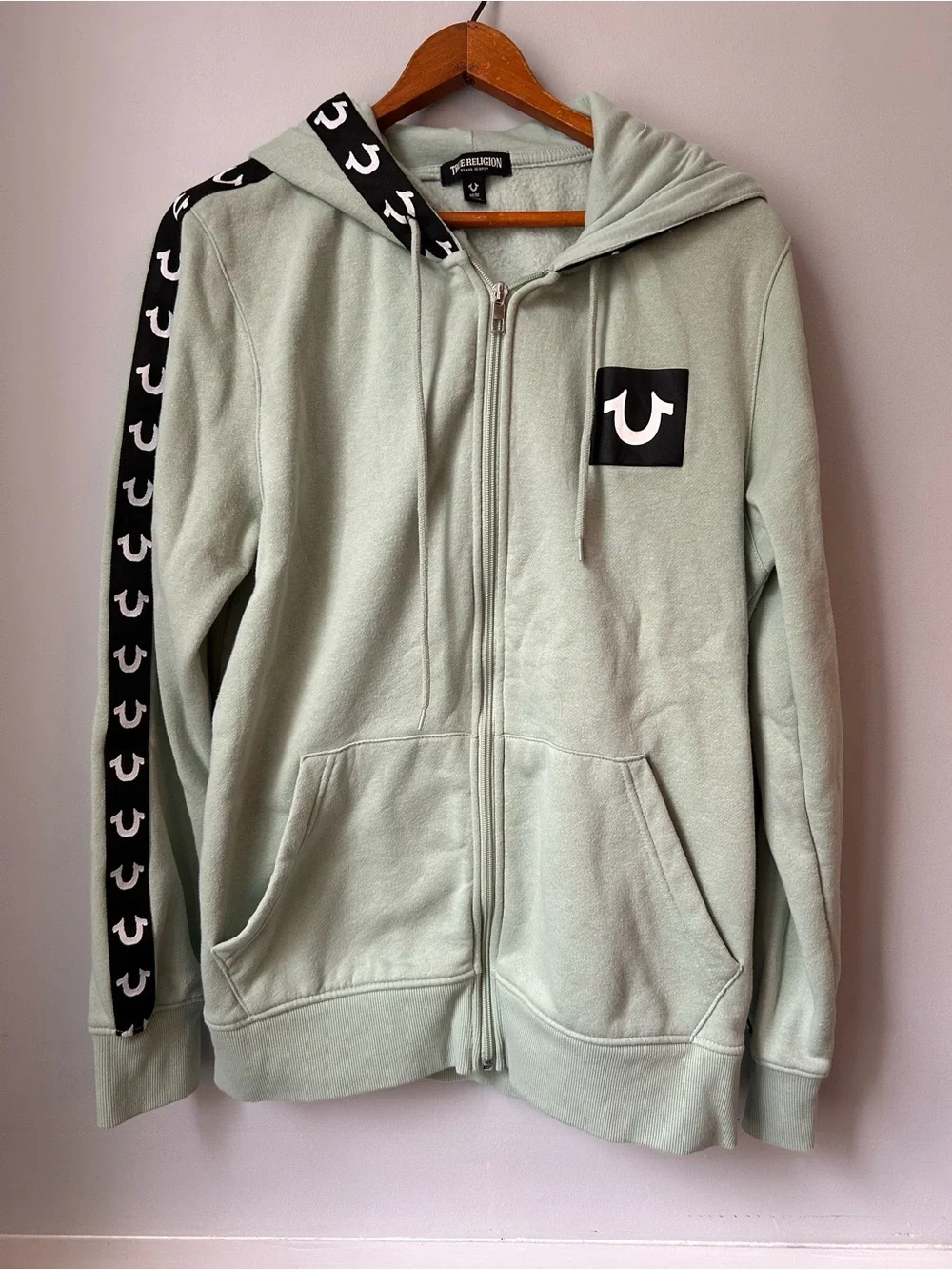 TRUE RELIGION MENS LOGO TAPE TRIM FULL ZIP Green HOODED JACKET HOODIE Med